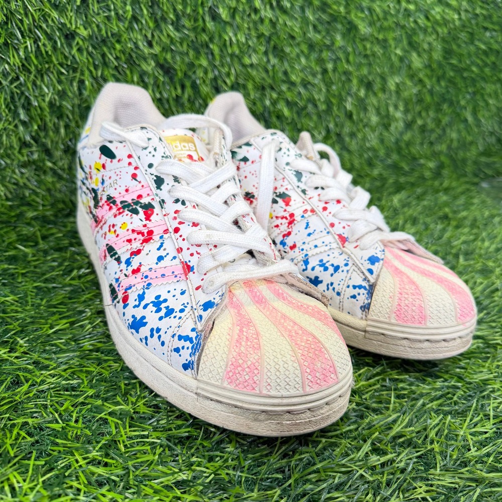 Adidas Superstar Mens 9.5 Paint Splatter Pink Shell Toe White Leather FX5537